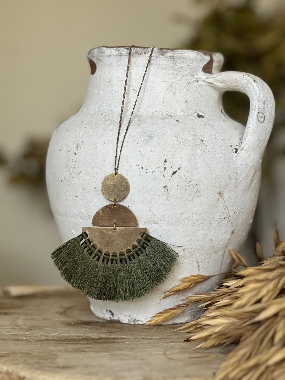 Green Tassel Pendant Necklace with Gold Chain